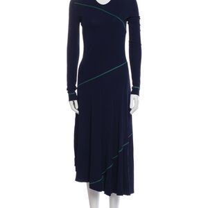 Navy Long-Sleeve Midi Dress with Green Trim